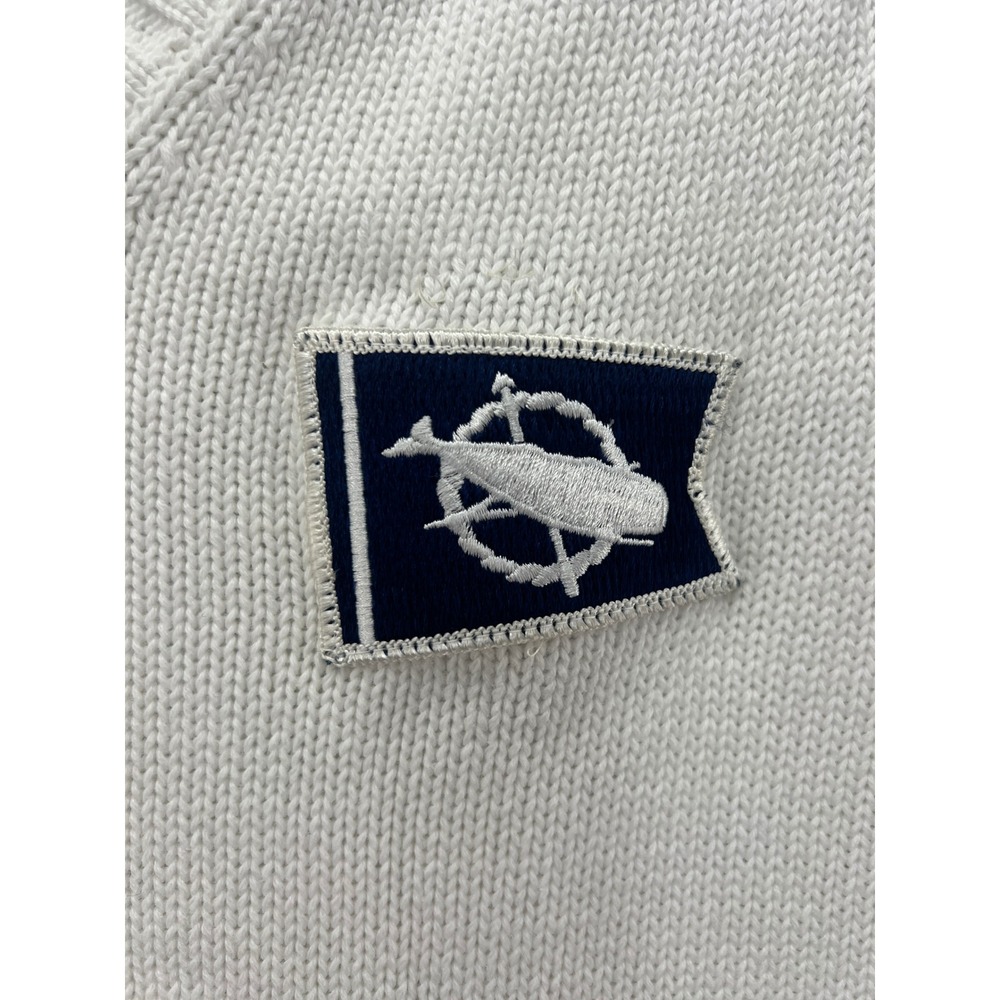 Lands End Sweater Mens White Cotton V-Neck Nautical Whale Patch Size L 42-44 - Picture 2 of 9